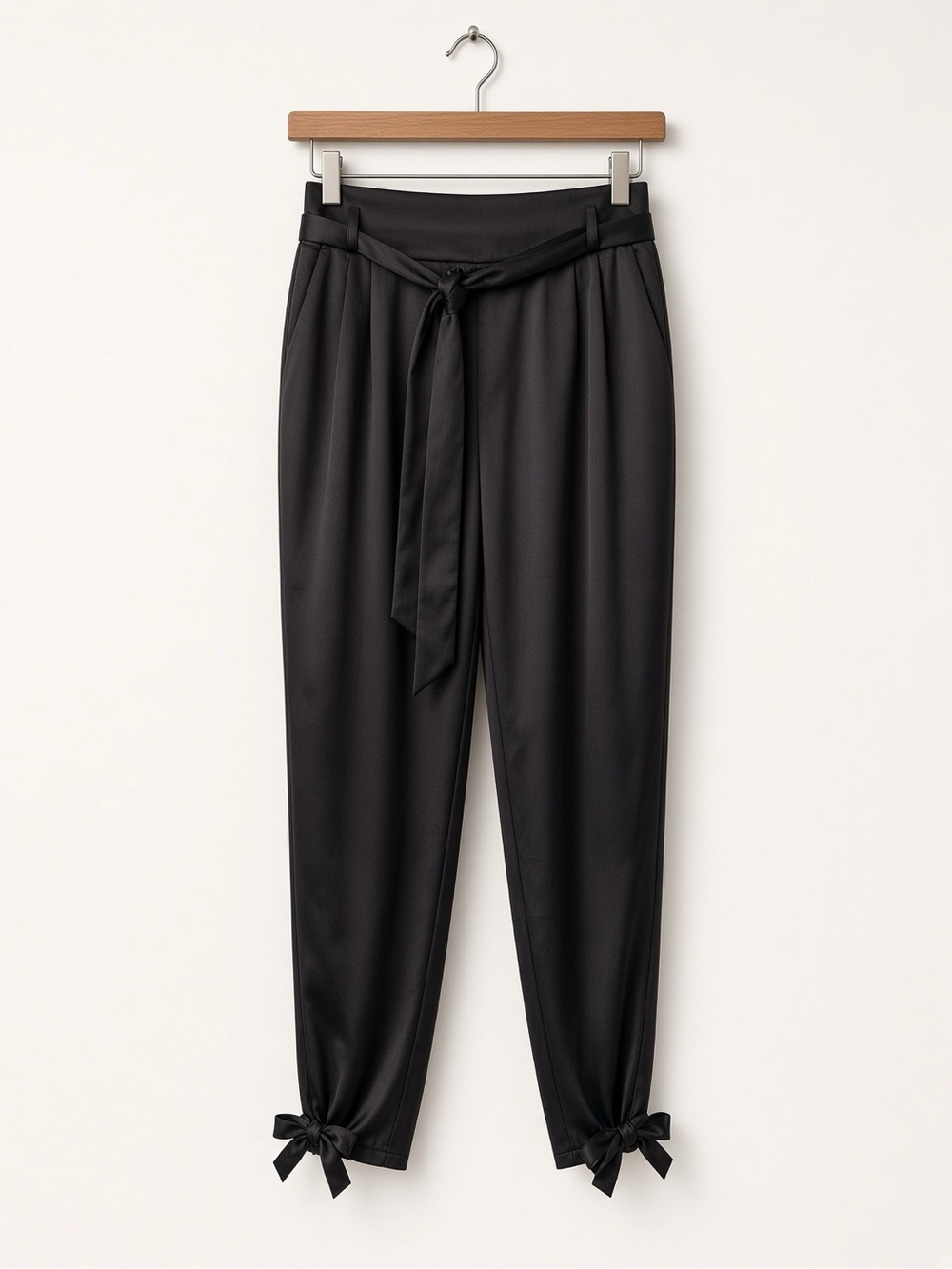 Silky Black Tie-Hem Paperbag Waist jogger or Dress Pants- Women size large-nwot